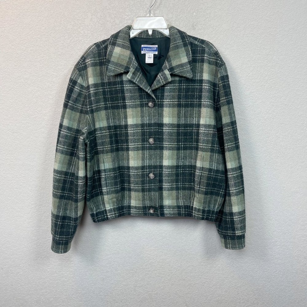 VTG Pendleton Green Plaid Wool Short Button Jacket Coat Womens Large USA Made